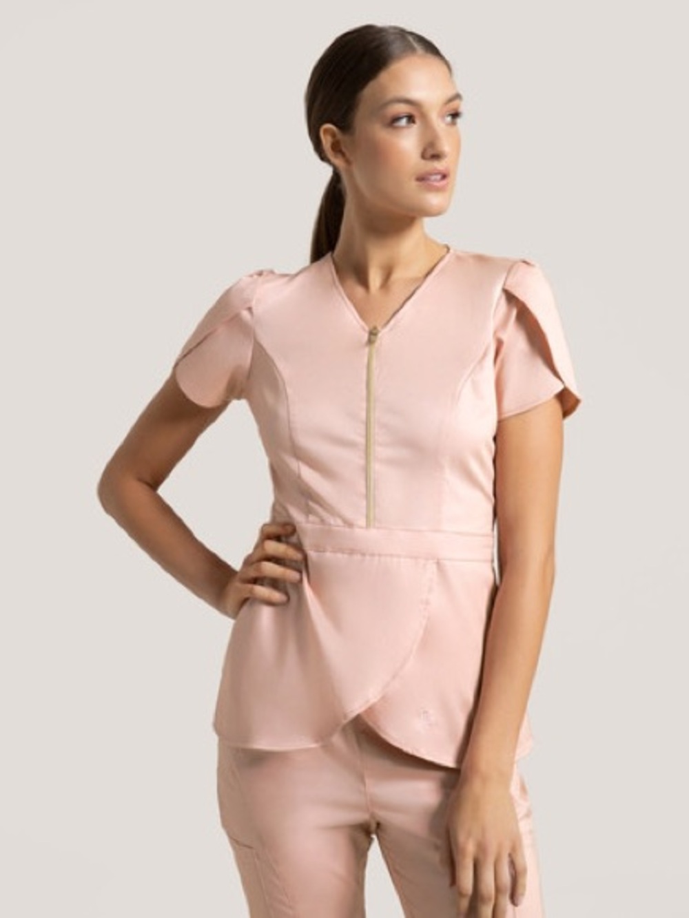 Jaanuu Women's Blush Pink Zip-Front Scrub Top - XS